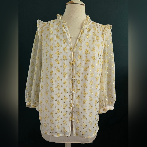 LC Lauren Conrad Tops - Elegant Gold Floral Sheer Blouse - Cream/Gold